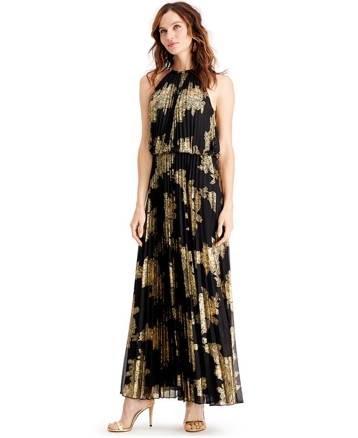 MSK - Petite Pleated Gold-Print Gown