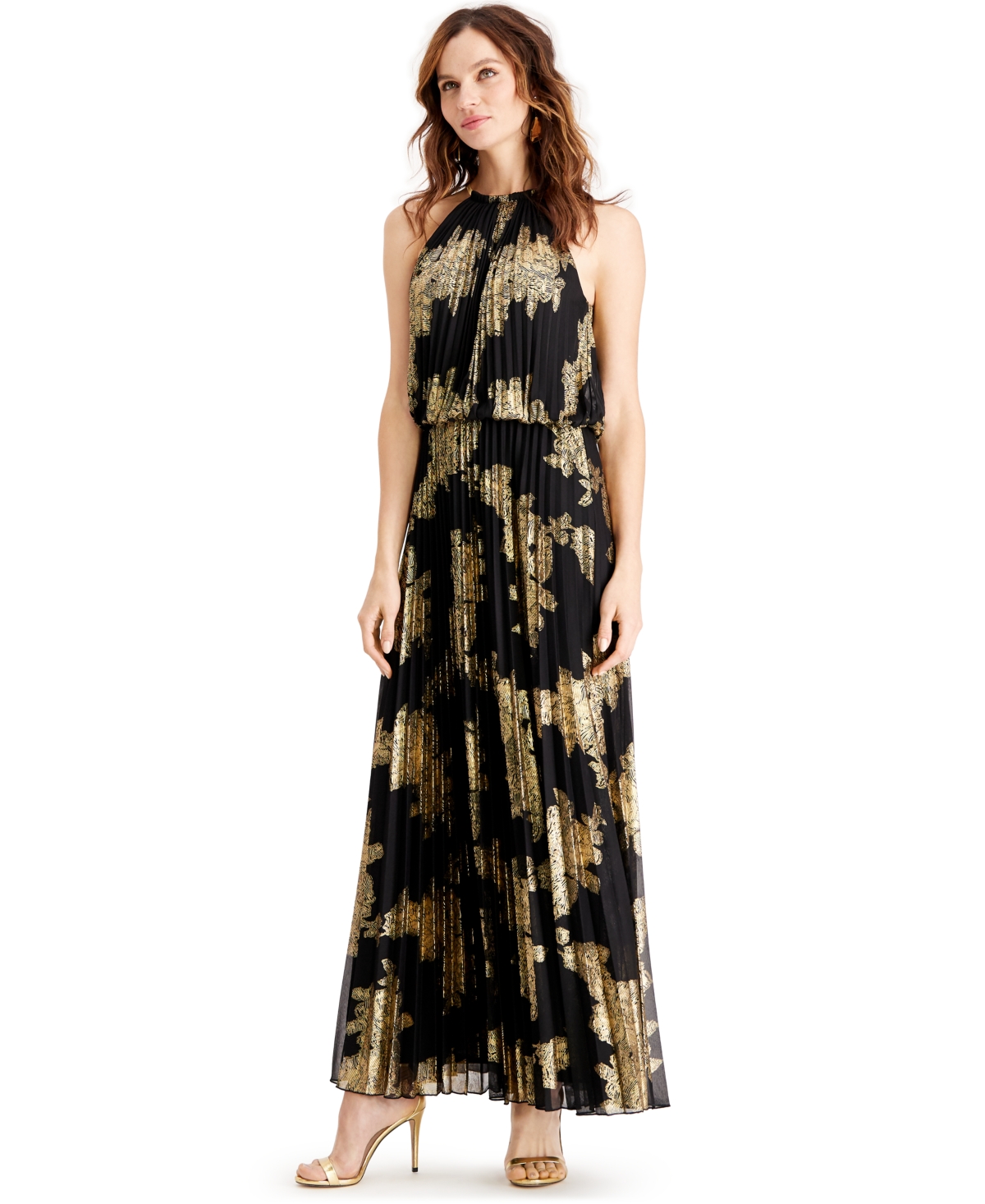 Petite Pleated Gold-Print Gown - Black/Gold