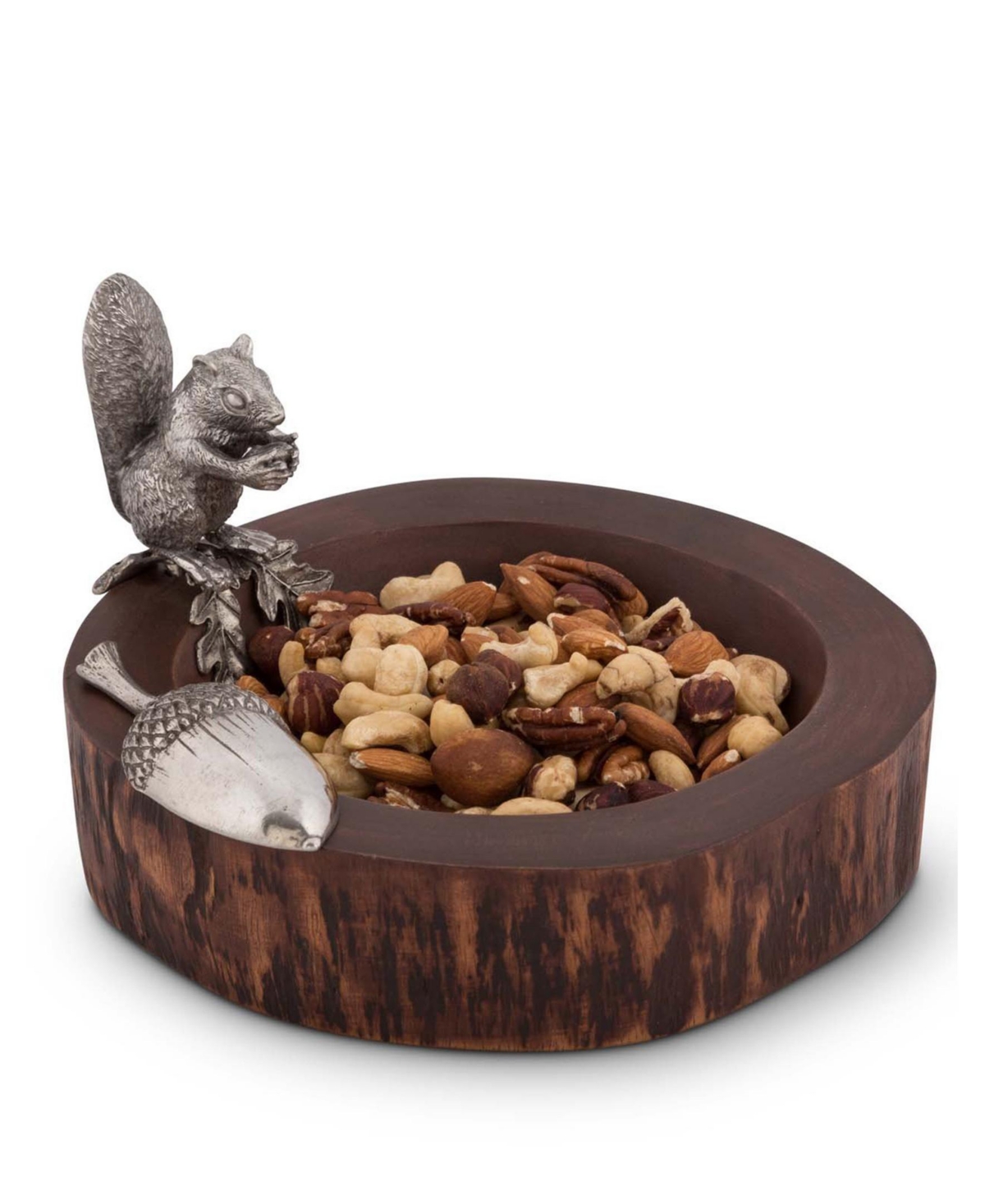 Vagabond House Wood Nut, Candy Bowl with Standing Pewter Squirrel and Metal Pewter Scoop
