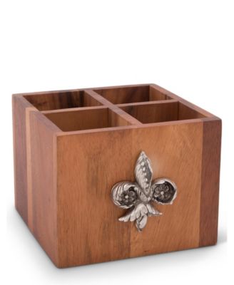 Square Caddy Acacia Wood Flatware, Serve Ware, Utensil, Carry-All Holder with Solid Pewter Fleur De Lis Accent, 4 Compartments