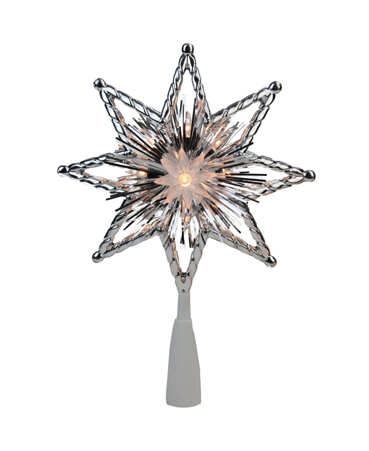8" Retro Silver Tinsel 8-Point Star Christmas Tree Topper - Clear Lights - Silver