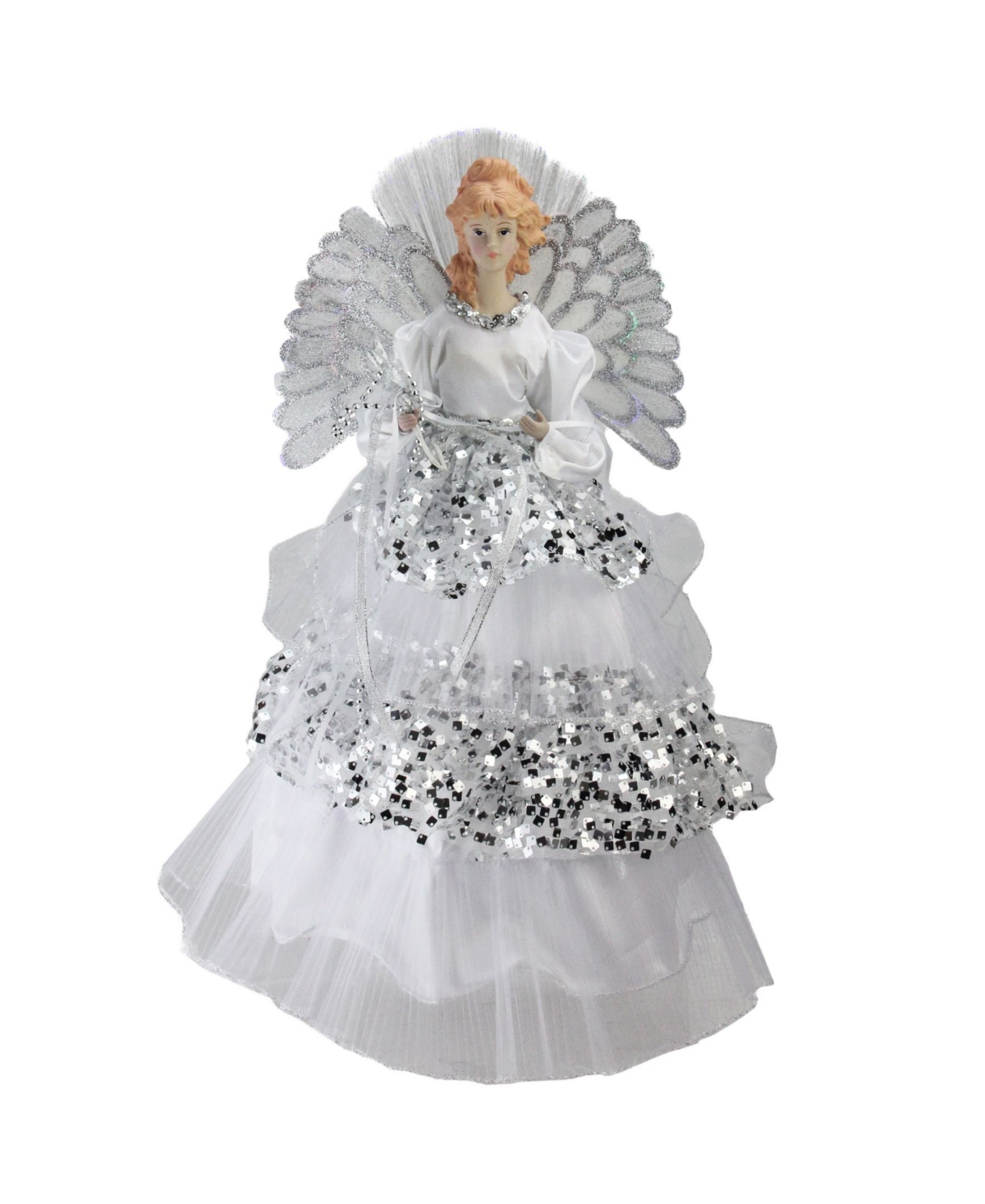 Northlight 16" Lighted Fiber Optic Angel In Silver Sequined Gown Christmas Tree Topper In White