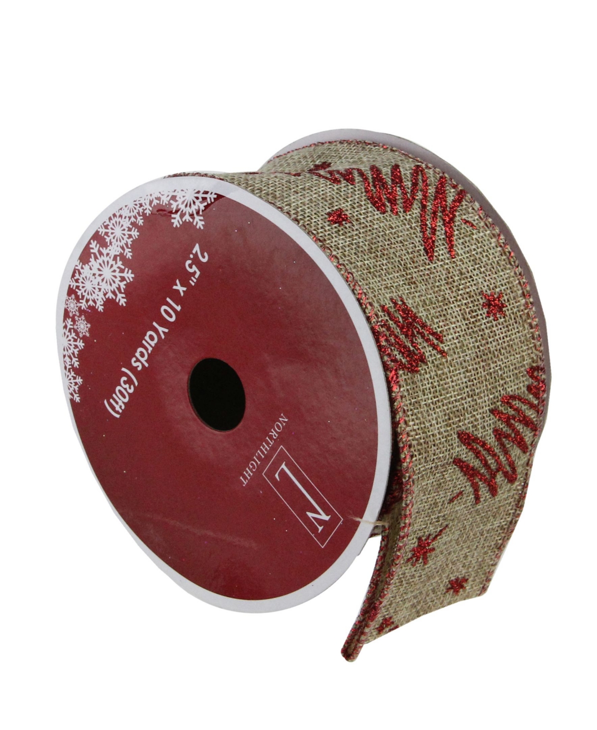 Red Tree and Beige Burlap Wired Christmas Craft Ribbon 2.5" x 10 Yards - Brown