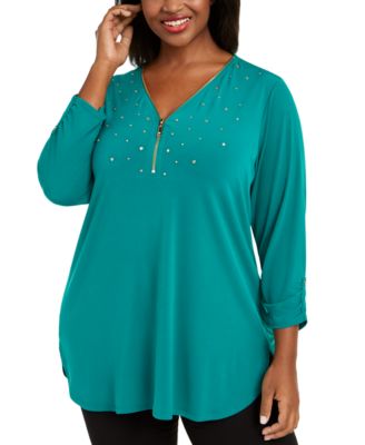 JM Collection - Plus Size Embellished Zip-Front Top