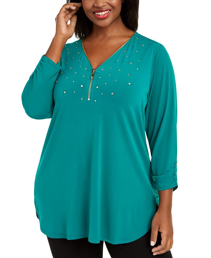 JM Collection Plus Size Embellished ZipFront Top, Created for Macy's Macy's