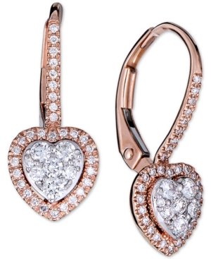 image of Diamond Halo Heart Dangle Drop Earrings (1/2 ct. t.w.) in 14k Rose Gold