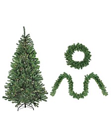 4-Piece Artificial Winter Spruce Christmas Tree Wreath and Garland Set - Clear Lights