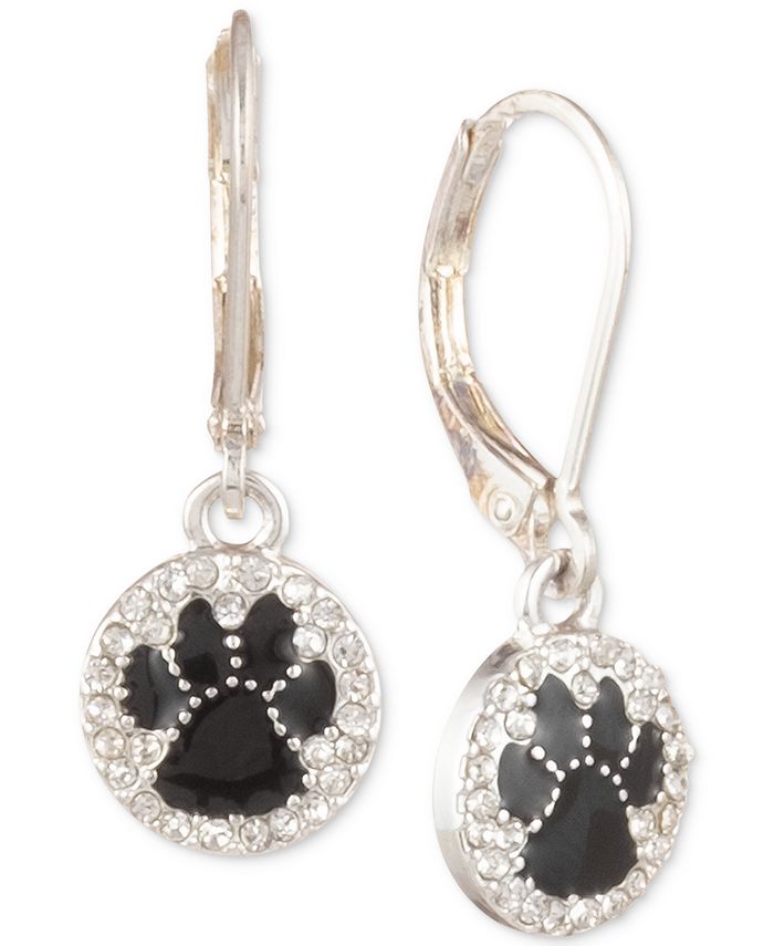 Pet Friends Jewelry - Silver-Tone Black Paw Pav&eacute; Drop Earrings