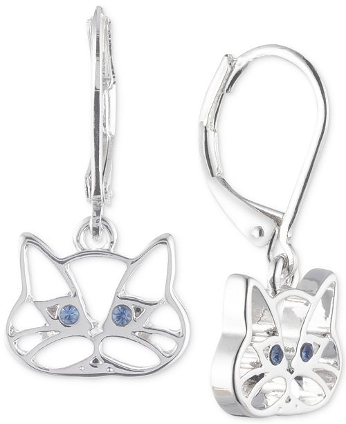 Pet Friends Jewelry Silver Tone Blue Crystal Cat Drop Earrings