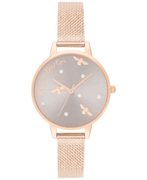 image of Olivia Burton Women-s Pearly Queen Rose Gold-Tone Stainless Steel Mesh Bracelet Watch 34mm