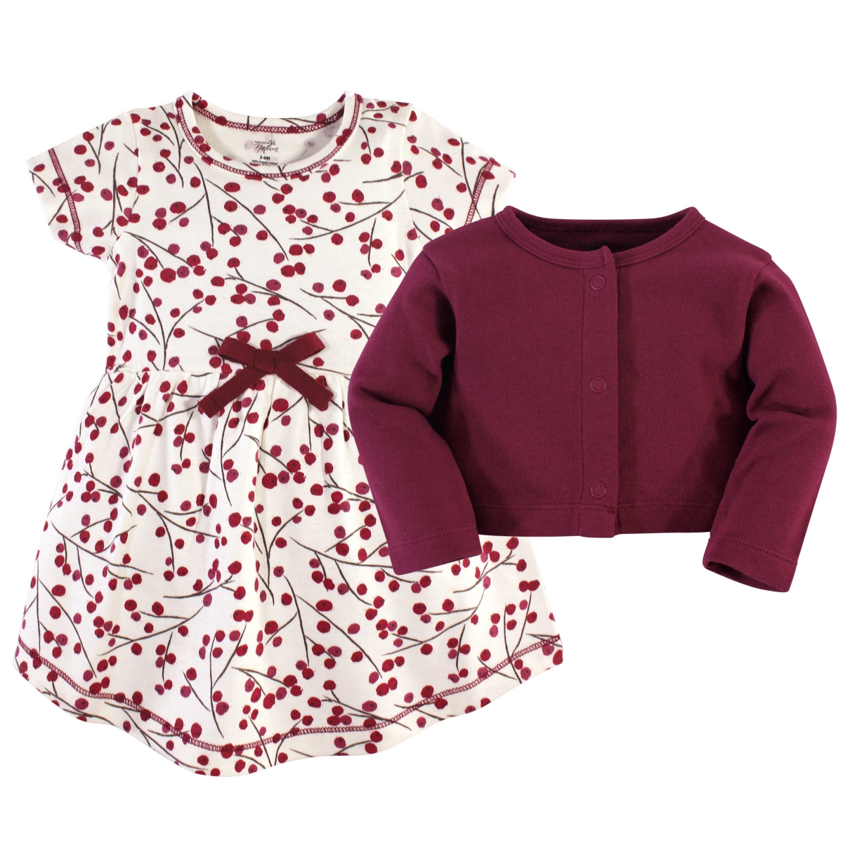 Touched by Nature Baby Girls Baby Organic Cotton Dress and Cardigan 2pc Set,- Berry Branch