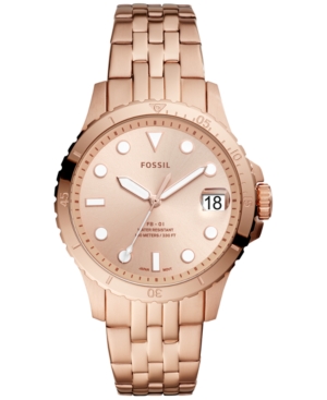 FOSSIL WOMEN'S BLUE DIVER ROSE GOLD-TONE STAINLESS STEEL BRACELET WATCH 36MM