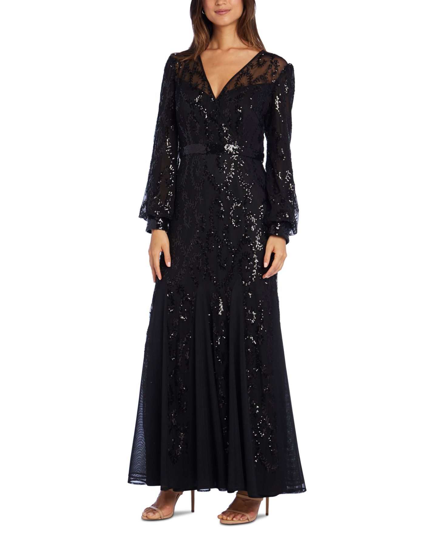 Женские платья R & M Richards Sequined Blouson-Sleeve Gown, цвет: Чёрный — фото 1