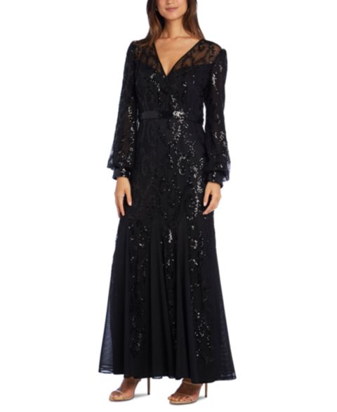 Женские платья R & M Richards Sequined Blouson-Sleeve Gown, цвет: Чёрный