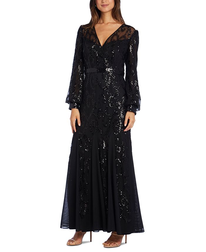 R & M Richards Sequined Blouson-Sleeve Gown - Macy's