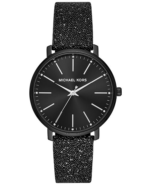 Michael Kors Womens Pyper Black Swarovski Crystal Leather Strap Watch 38mm Reviews Watches Jewelry Watches Macy S