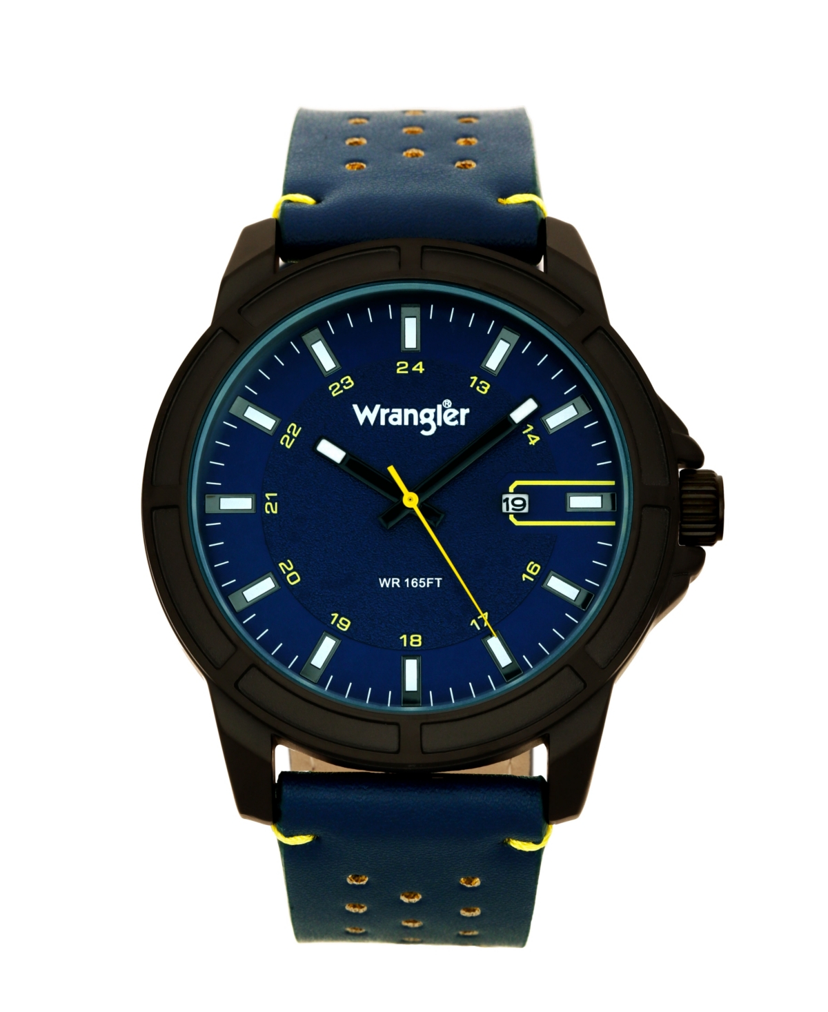 Men's, 48MM Ip Black Case, Blue Dial, White Index Markers, Sand Satin Dial, Analog, Date Function, Yellow Second Hand, Blue Strap with Yellow