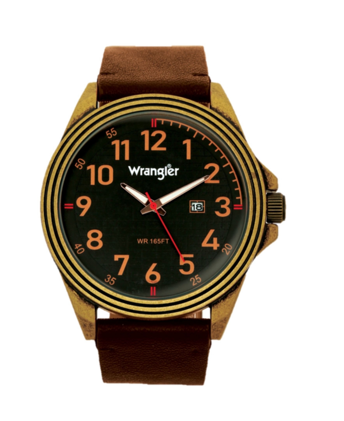Men's, 48MM Antique Brass Case, Black Dial, Bronze Arabic Numerals, Black Strap, Analog Watch with Red Second Hand, Date Function - Black