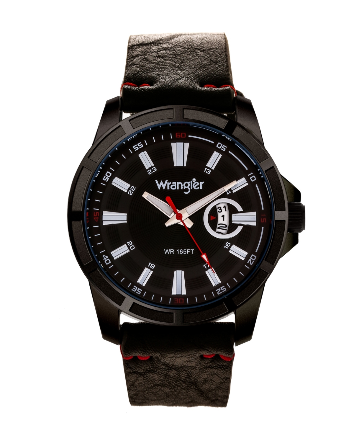 Men's Watch, 46MM Ip Black Case with Cutout Bezel, Black Milled Dial with White Index Markers, Analog, Red Second Hand and Cutout Crescent Da