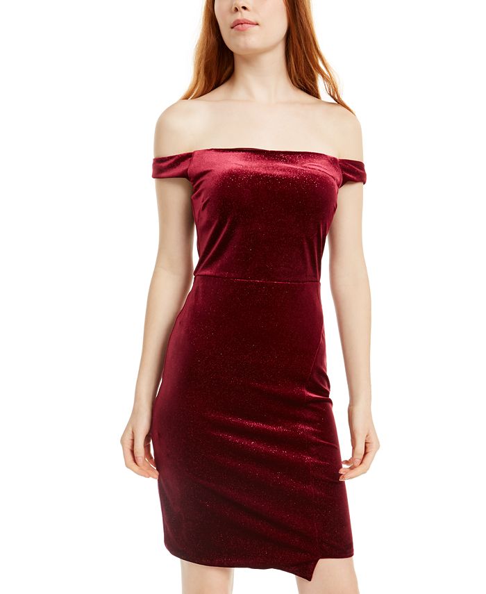 Crystal Doll Juniors Off The Shoulder Glitter Velvet Dress Macy s