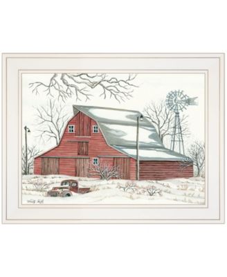 Winter Barn with Pickup Truck by Cindy Jacobs, Ready to hang Framed Print, White Frame, 19" x 15"