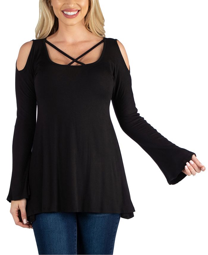 24seven Comfort Apparel Women Long Sleeve Strappy Neck Flared Tunic Top ...