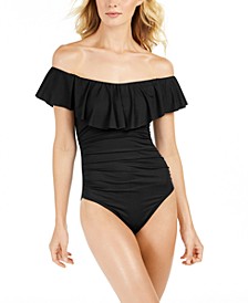 Island Goddess Off-The-Shoulder Ruffled Tummy-Control One-Piece Swimsuit