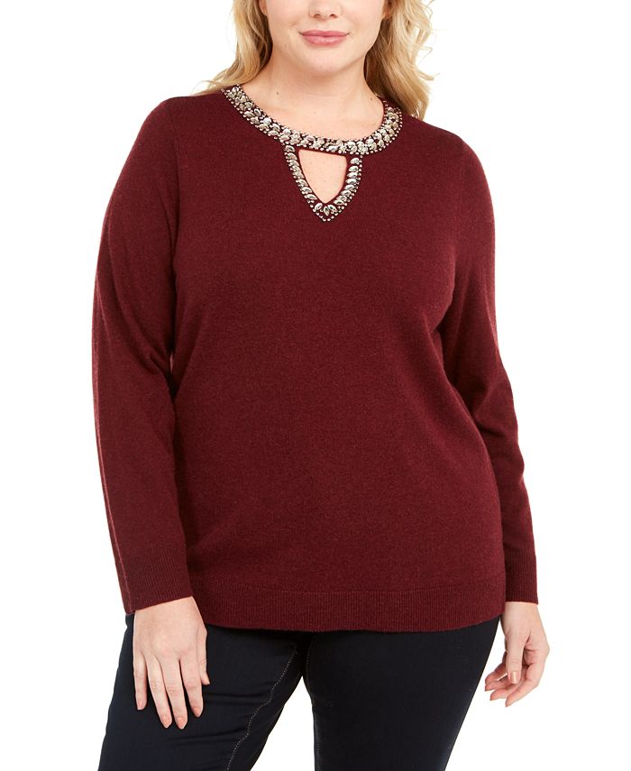 Inc International Concepts Womens Embellished Keyhole Sweater Red Size 1x main image 0
