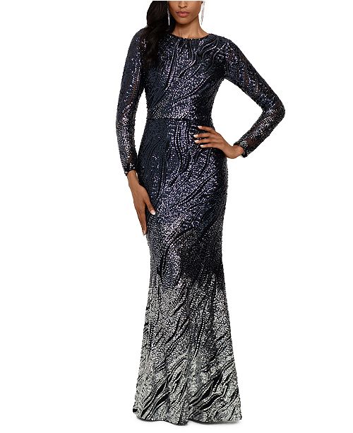 Betsy & Adam Long-Sleeve Ombré Sequined Gown & Reviews - Dresses