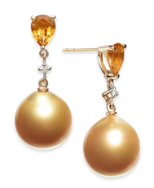 image of Cultured Baroque Golden South Sea Pearl (12mm) & Citrine (1-1/3 ct. t.w.) & Diamond (1/20 ct. t.w.) Drop Earrings in 14k Gold