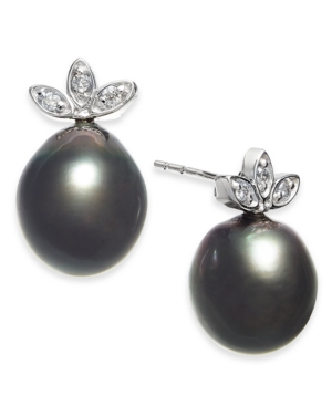 image of Cultured Black Tahitian Pearl (9mm) & Diamond (1/10 ct. t.w.) Stud Earrings in 14k White Gold