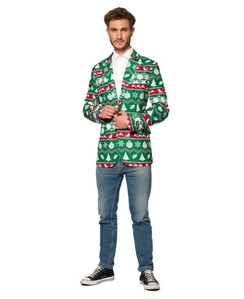 Мужской пиджак Suitmeister Christmas Blazer - X- Mas Festive Nordic Slim Fit - Green - White, цвет: Зелёный