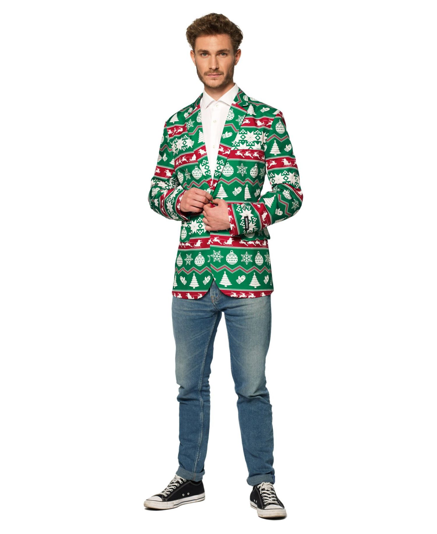 Men's Christmas Blazer - X- Mas Festive Nordic Slim Fit - Green - White