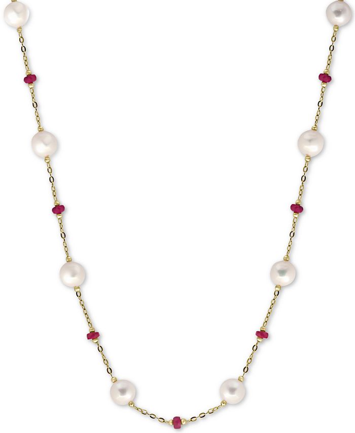 EFFY Collection - Cultured Freshwater Pearl (8mm) & Ruby (3-1/3 ct. t.w.) 18" Statement Necklace in 14k Gold (Also in Sapphire)