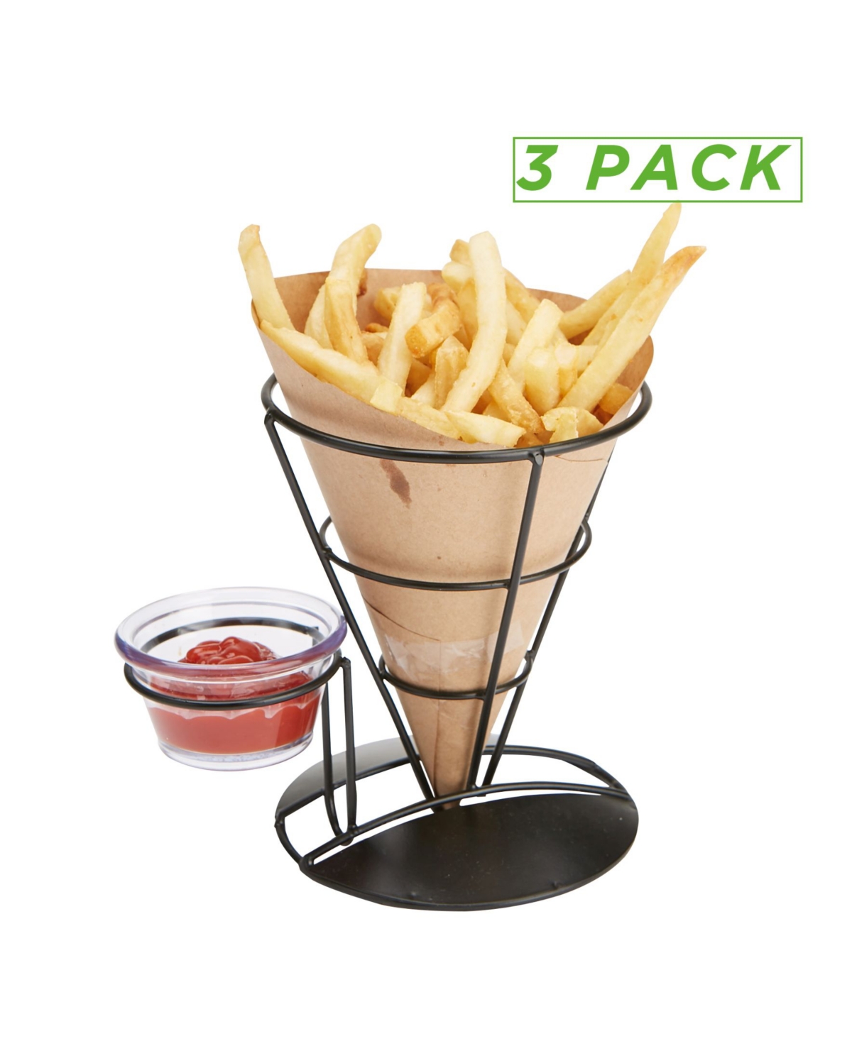 3 Pack French Fry Cone Holder with Condiment Storage - Black