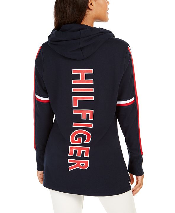 Tommy hilfiger icon stripe logo print hoodie in navy Clearance