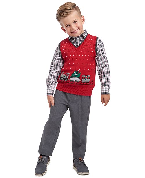 Tfw Little Boys 3 Pc Holiday Train Sweater Vest Plaid Shirt