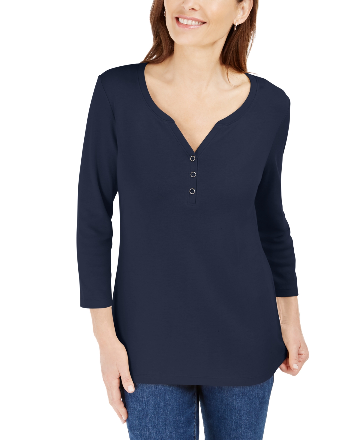 Petite 3/4-Sleeve Henley Shirt, Created for Macy's - Steel Rose