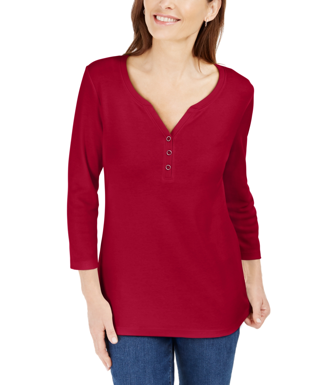 Petite 3/4-Sleeve Henley Shirt, Created for Macy's - Intrepid Blue