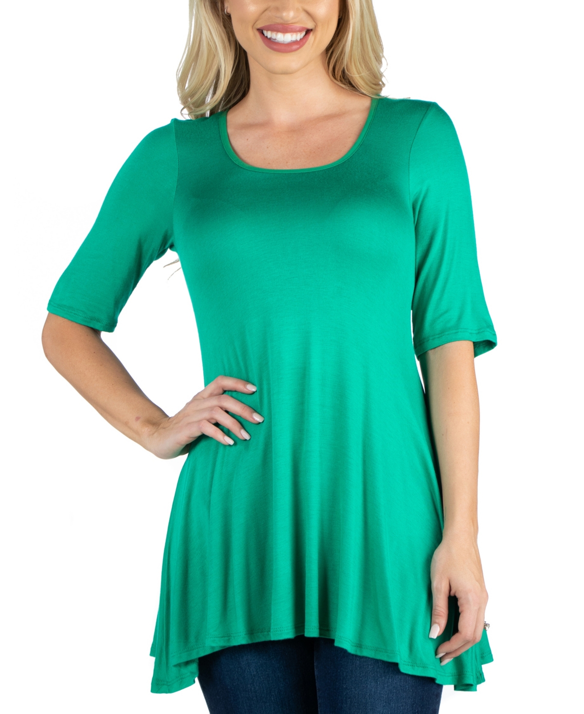 Elbow Sleeve Swing Tunic Top For Women - Turquoise