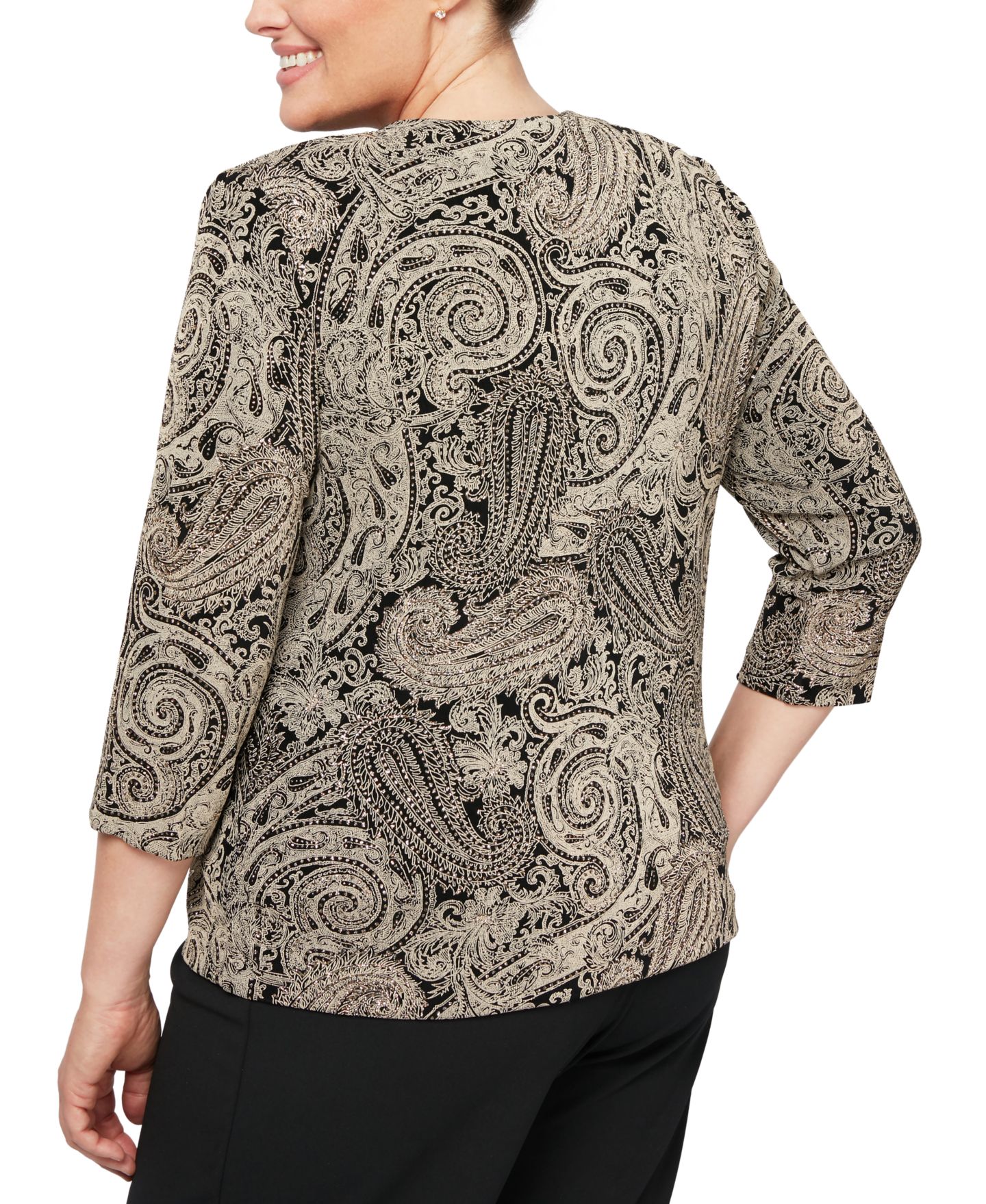 Женские комплекты Alex Evenings Plus Size Glitter-Print Jacket & Top Set, цвет: Чёрный / Серо-бежевый — фото 2