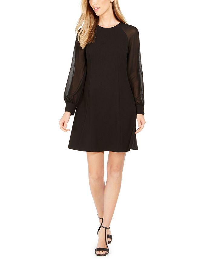 Calvin Klein Women's Petite Black Puff-Sleeve Gingham A-Line Dress