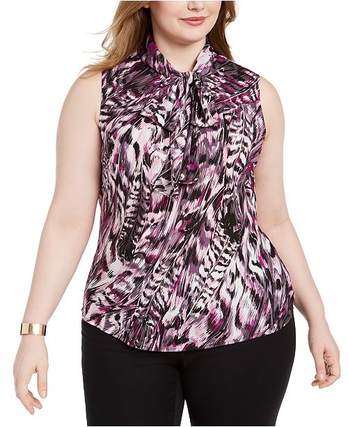 Bar Iii Trendy Plus Size Printed Tie Neck Top Created For Macy S