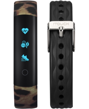 image of iTouch Women-s Slim Interchangeable Leopard Printed & Black Silicone Straps Activity Tracker 13x39mm