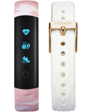 image of iTouch Women-s Slim Interchangeable Blush Camouflage & White Silicone Straps Activity Tracker 13x39mm