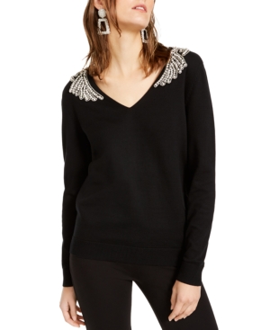 image of Inc Embellished-Shoulder V-Neck Sweater, Created for Macy-s