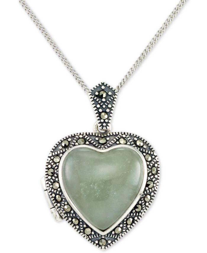 Jade (13mm) & Marcasite Heart Locket 18" Pendant Necklace in Sterling
