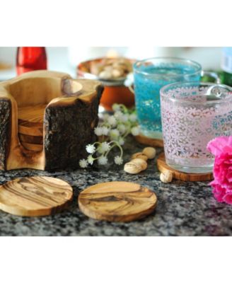Olive Wood Rustic Coaster Set of 8 with Holder