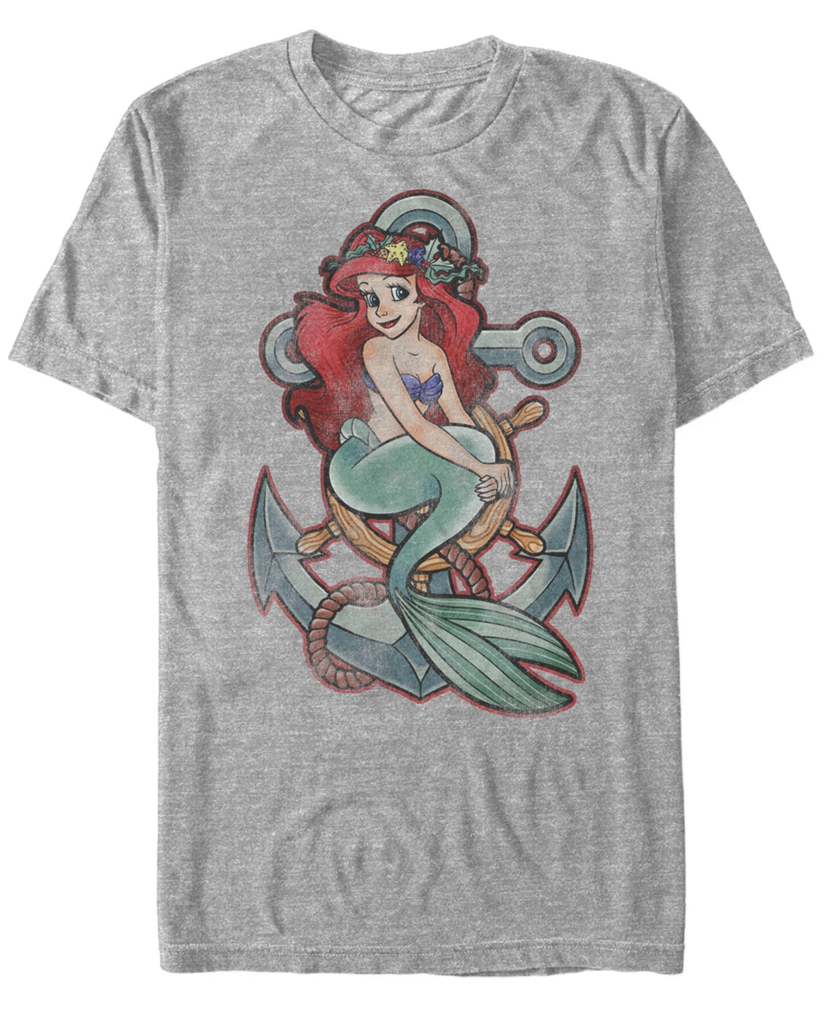 Disney Men's Little Mermaid Tattoo Anchor Pose, Short Sleeve T-Shirt - Heathr Gry