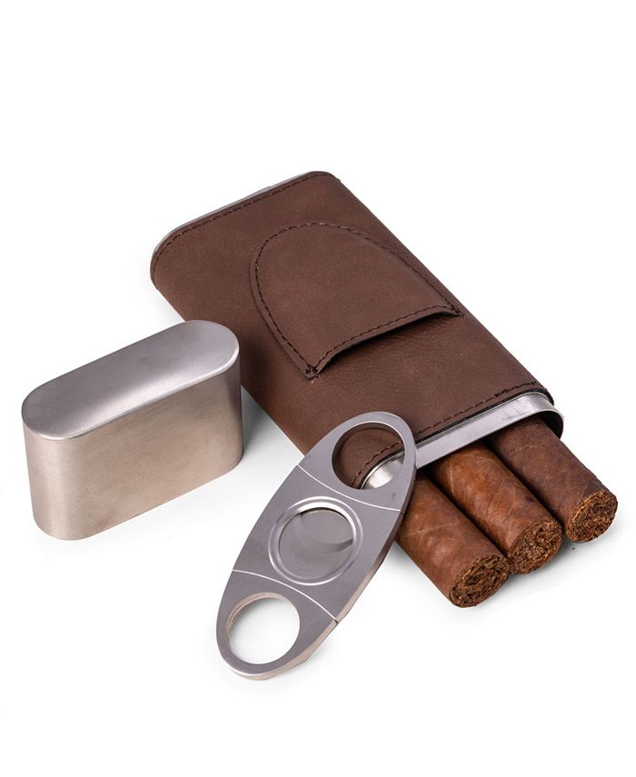 Bey Berk Brown Leather 3 Cigar Case with Cigar Cutter